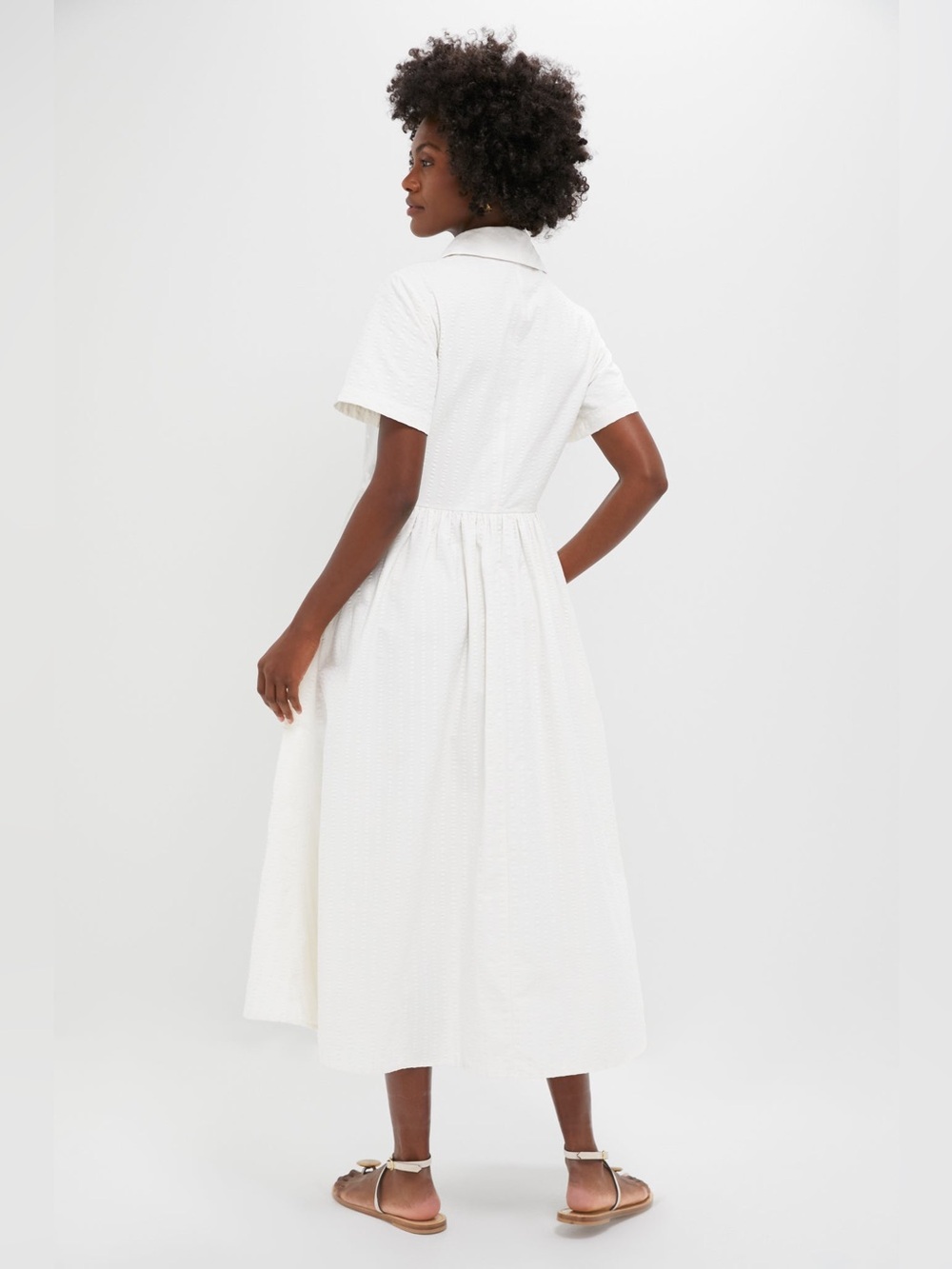 Tuckernuck White Seersucker Shawl Collar Adelaide Midi Dress Cotton Size M - Picture 2 of 9